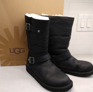 UGG Kensington Black Distressed Buckle Leather Boots